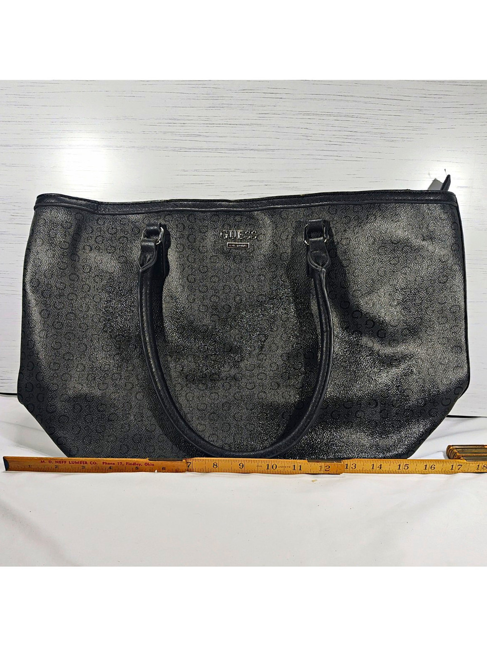 GUESS Gray Black Logo Zip Top Tote Bag Faux Leather Canvas Inner Pockets